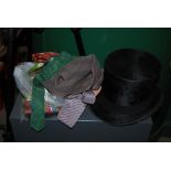 VINTAGE TOP HAT, BATTERSBY AND CO. LONDON, TOGETHER WITH A BAG OF ASSORTED GENT'S TIES.