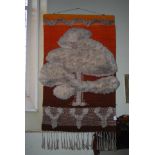 A MID 20TH CENTURY CREWEL WORK WALL HANGING, DEPICTING OAK TREE ON GRADUATED ORANGE, BROWN GROUND