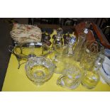 COLLECTION OF ASSORTED GLASSWARE, VASES, DECANTERS, STOPPERS, A BOWL, AND JUGS, AND A WARMING DISH.