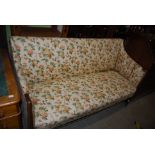 EDWARDIAN MAHOGANY AND BOXWOOD LINED SOFA WITH FLORAL UPHOLSTERED COVERS, SQAURE TAPERED SUPPORTS