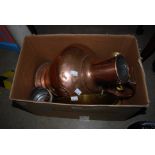 BOX - ASSORTED COPPER AND BRASS WARE TO INCLUDE LARGE COPPER CUPBOARD FLAGON, BRASS CANDLESTICKS,