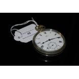 A VINTAGE OMEGA WHITE METAL CASED OPEN-FACED POCKET WATCH, THE BLACK AND WHITE ENAMEL DIAL WITH