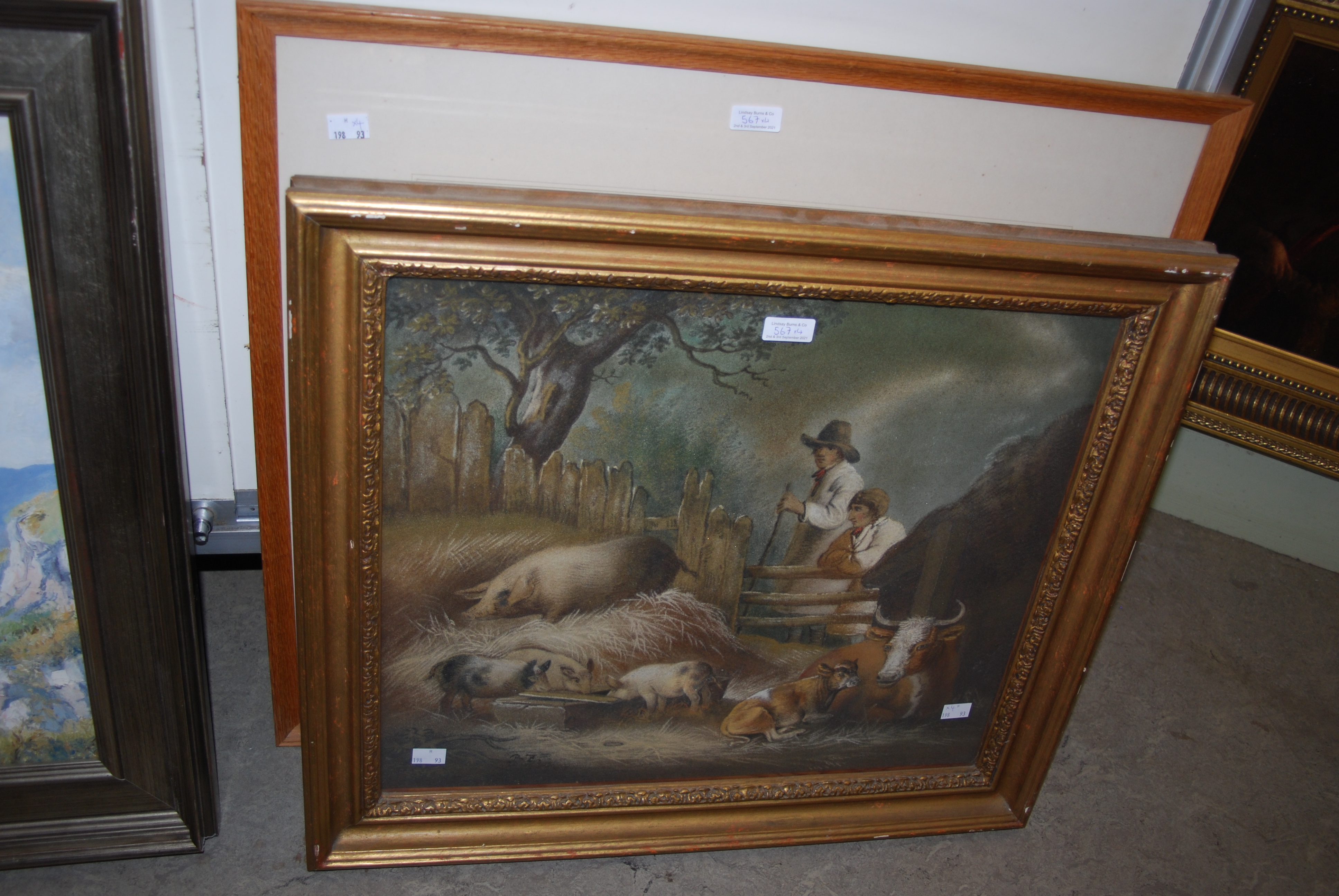 GROUP OF PICTURES TO INCLUDE 19TH CENTURY BRITISH SCHOOL OF A FARMYARD SCENE WITH FIGURES, PIGS,