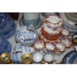 A TUSCAN BLUE PRINTED PART TEA SET WITH HORSE DECORATION, TOGETHER WITH A CAULDON CHINA FLORAL