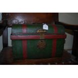 A VINTAGE GREEN AND RED PAINTED TIN STRONGBOX WITH BRASS LOCK