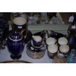 A CROWN DEVON FIELDINGS BLUE AND GILT COFFEE SERVICE, TOGETHER WITH TWO ITEMS OF CARLTONWARE BLUE