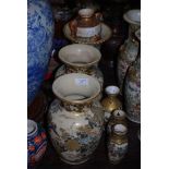 A COLLECTION OF SEVEN JAPANESE SATSUMA ITEMS, INCLUDING A PAIR OF VASES (DAMAGES), A TRUMPET VASE (