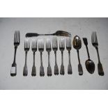 COLLECTION OF IRISH SILVER FLATWARE TO INCLUDE THREE FIDDLE PATTERN TABLE FORKS, SEVEN FIDDLE
