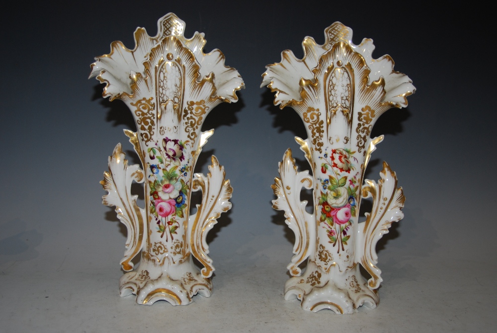 A PAIR OF LATE 19TH CENTURY HAND PAINTED SPILL VASES WITH GILDED DECORATION