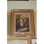 TWENTIETH CENTURY BRITISH SCHOOL, STILL LIFE WITH YELLOW AND PINK FLOWERS, OIL ON BOARD,