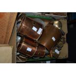 A COLLECTION OF COPPER AND PLATED WARE INCLUDING A SET OF COPPER MEASURING JUGS TO INCLUDE 2 PINT, 1
