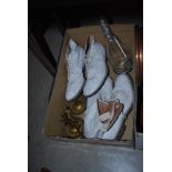 A BOX CONTAINING TWO PAIRS OF VINTAGE WHITE GOLFING SHOES, EP MOUNTED DUCK FORM CLARET JUG,