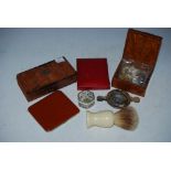 BOX - ASSORTED GENTS ACCESSORIES TO INCLUDE IVORINE MOUNTED SHAVING BRUSH, FAUX LEATHER CIGARETTE