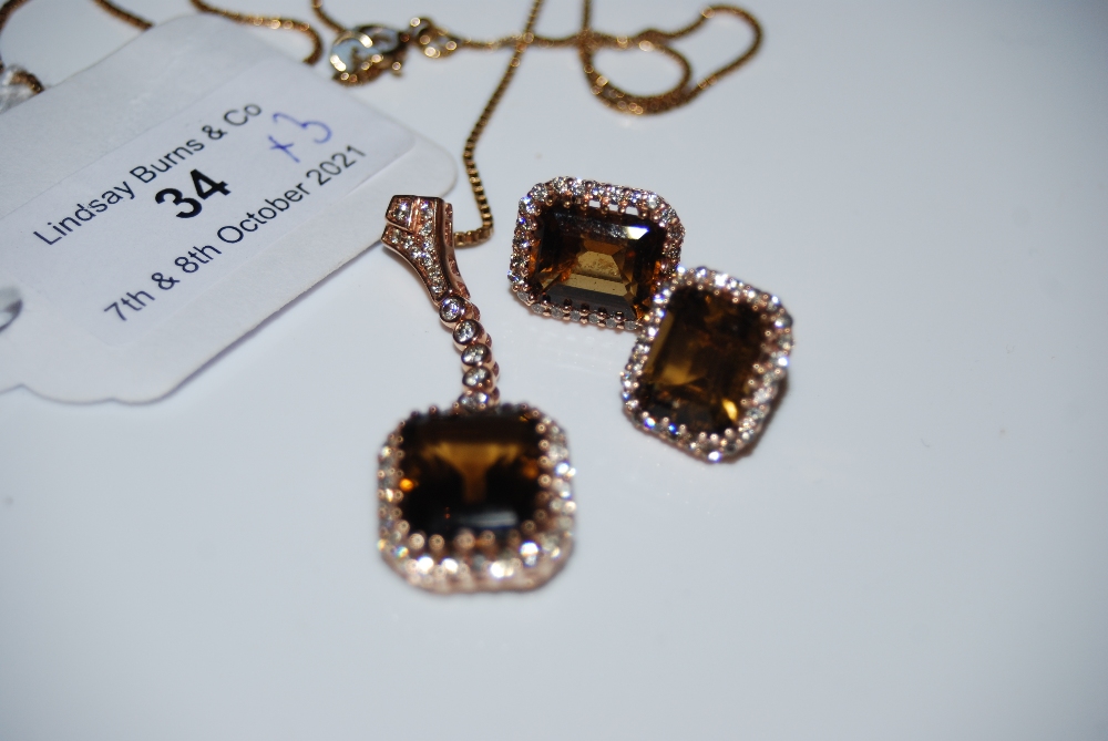 A SUITE OF YELLOW METAL, DIAMOND AND MADEIRA COLOURED ROSE QUARTZ JEWELLERY COMPRISING EMERALD CUT - Image 2 of 2