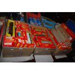 THREE BOXES - ASSORTED TRI-ANG HORNBY TRAINS, LOCOMOTIVES, WAGONS, PASSENGER CARS ETC