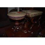 TWO 19TH CENTURY ROSEWOOD PIANO STOOLS, ONE OF X-FRAME FORM WITH UPHOLSTERED SEAT, THE OTHER OF