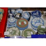 COLLECTION OF ASSORTED WEDGWOOD JASPER WARE, VARIOUS COLOURS AND VARIOUS SHAPES.