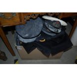 A SELECTION OF NAVAL UNIFORMS, INCLUDING HATS, JACKETS, EPAULETTES ETC