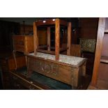 A REPRODUCTION WALNUT WORK TABLE FITTED WITH THREE DRAWERS, A MAHOGANY NEEDLEWORK UPHOLSTERED