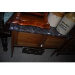 AN EARLY 20TH CENTURY OAK AND GREY MARBLE WASHSTAND, THE STAND WITH SINGLE DOUBLE DOOR CUPBOARD