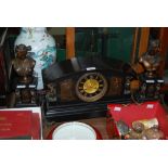 LATE 19TH/ EARLY 20TH CENTURY FRENCH BLACK SLATE AND PATINATED BRONZE MANTEL CLOCK GARNITURE, WITH