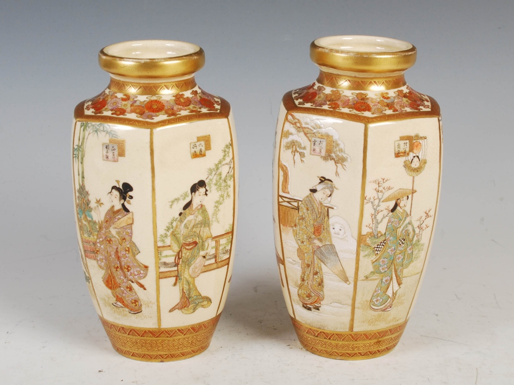 A PAIR OF JAPANESE SATSUMA POTTERY HEXAGONAL SHAPED VASES, MEIJI PERIOD, DECORATED WITH PANELS OF