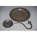 A COLLECTION OF INDIAN WHITE METAL WARES TO INCLUDE CIRCULAR TRAY WITH ENGRAVED SCROLL WORK DETAILS,