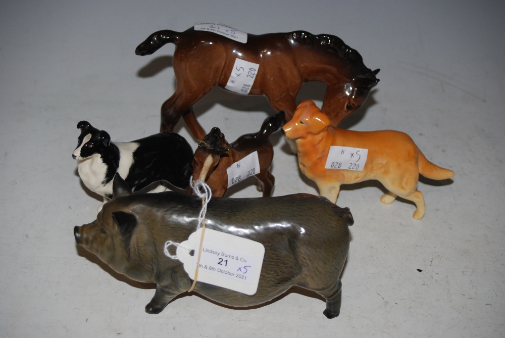 A ROYAL DOULTON MODEL OF A PIG, TOGETHER WITH BESWICK RETRIEVER, BESWICK COLLIE DOG AND TWO