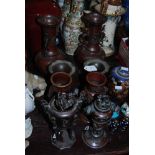 THREE PAIRS OF ASIAN BRONZE VASES TOGETHER WITH TWO JAPANESE KORO