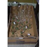 BOX - DRINKING GLASSWARE TO INCLUDE A SET OF GREEN AND CLEAR GLASS COCKTAIL GLASSES AND LIQUEUR