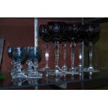SIX PURPLE FLASH CLEAR AND CUT GLASS HOT GLASSES, TOGETHER WITH SIX CLEAR, GILT AND BLUE GLASS
