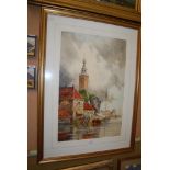 L.VAN STRAATEN (DUTCH) RIVER SCENE WITH FISHING BOATS AND CHURCH SPIRE, WATERCOLOUR SIGNED, LOWER