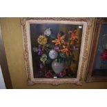 EILEEN LOPEN, STILL LIFE TULIPS, CHRYSANTEMUMS AND OTHER FLOWERS IN A PALE BLUE VASE, OIL ON