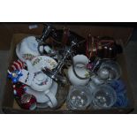 A BOX OF ASSORTED CERAMICS AND GLASS