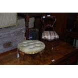 A REPRODUCTION MAHOGANY DOLLS BALLOON BACK SIDE CHAIR AND A GILT WOOD BUTTON DOWN UPHOLSTERED OVAL