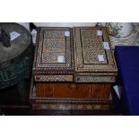 A COLLECTION OF FOUR WOODEN BOXES IN INCLUDING THREE IN THE SYRIAN STYLE WITH GEOMETRIC BONE INLAY