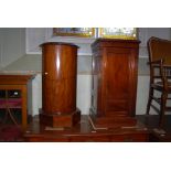 A VICTORIAN MAHOGANY CYLINDRICAL COLUMN FORM POT CUPBOARD WITH MARBLE TOP ON OCTAGONAL PLINTH