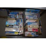 TWO BOXES OF ASSORTED AIRFIX REVEL AND OTHER MODEL KITS, AVIATION THEMED