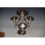 A LATE 19TH / EARLY 20TH CENTURY SILVER PLATED TABLE CENTREPIECE, THE CENTRAL TRUMPET VASE WITH