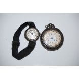 A VINTAGE CONTINENTAL SILVER CASED LADIES WRISTWATCH WITH ENGINE TURNED ARABIC NUMERAL DIAL AND