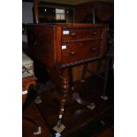 A 19TH CENTURY ROSEWOOD WORK TABLE, WITH TWO FOLD OUT LEAVES, THE TWO DRAWERS WITH COMPARTMENT