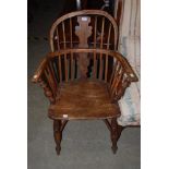 A 19TH CENTURY ELM AND FRUIT WOOD WINDSOR CHAIR WITH TURNED FRONT ARM SUPPORTS AND SCROLLING BACK