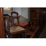 A COLLECTION OF FURNITURE TO INCLUDE AN OAK RUSH SEATED CORNER CHAIR, VICTORIAN MAHOGANY BALLOON