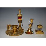 A 19TH CENTURY GILT METAL MALACHITE AND RED CABOCHON SET THREE PIECE DESK SET COMPRISING CHERUB FORM