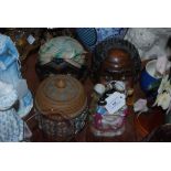 A STAFFORDSHIRE FIGURE OF WELSH TEA PARTY, DOULTON LAMBETH LIDDED BARREL TOGETHER WITH TWO PORCELAIN