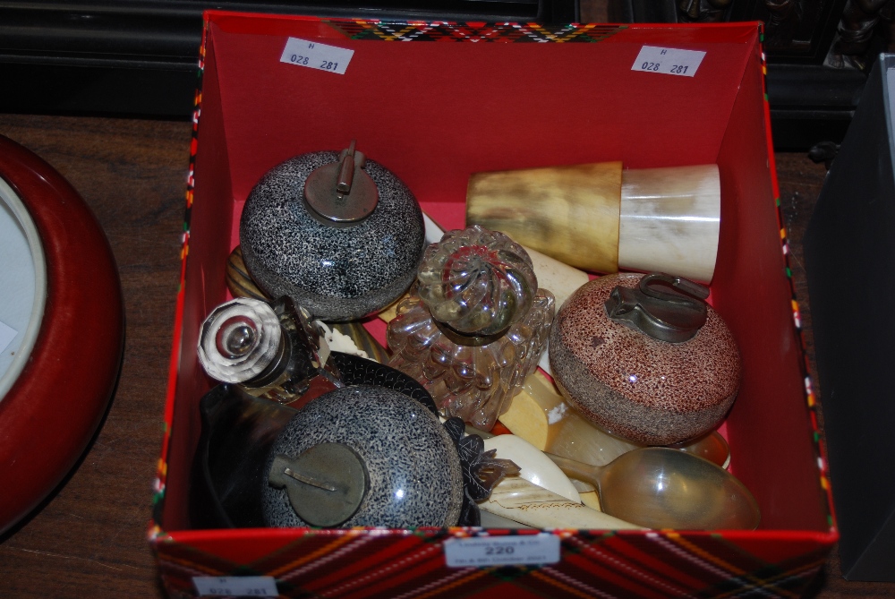 A GROUP OF MINIATURE SCOTTISH INTEREST ITEMS, INCLUDING THREE CERAMIC CURLING STONE INKWELLS