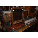 A VICTORIAN MAHOGANY DRESSING TABLE MIRROR WITH BOBBIN TURNED UPRIGHTS TOGETHER WITH A PINK GROUND