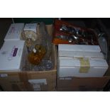 TWO BOXES OF ASSORTED GLASSWARE, COLLECTORS PLATES, CUTLERY, FLATWARE AND MISCELLANEOUS ITEMS