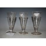THREE LATE 18TH / EARLY 19TH CENTURY CONICAL SHAPED ALE GLASSES, ENGRAVED WITH HOPS AND VINE LEAVES