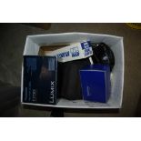 A BOX OF ASSORTED CAMERA EQUIPMENT TO INCLUDE PANASONIC LUMIX FZ50 BOXED VITOMATIC II CAMERA,